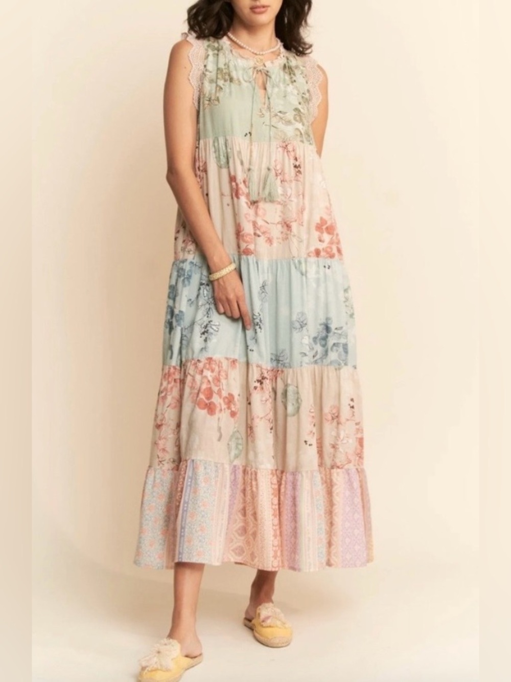 MAKE AN OFFER - DAVI & DANI Floral Patchwork Tiered Maxi Dress Tassels Lace
